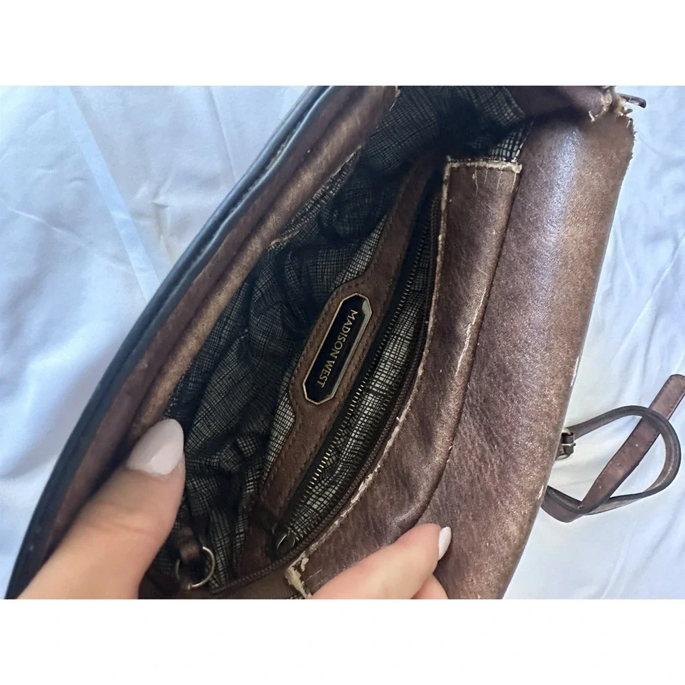 Madison West Women's Faux Leather Brown Saddle Bag‎ Purse with Adjustable Strap
